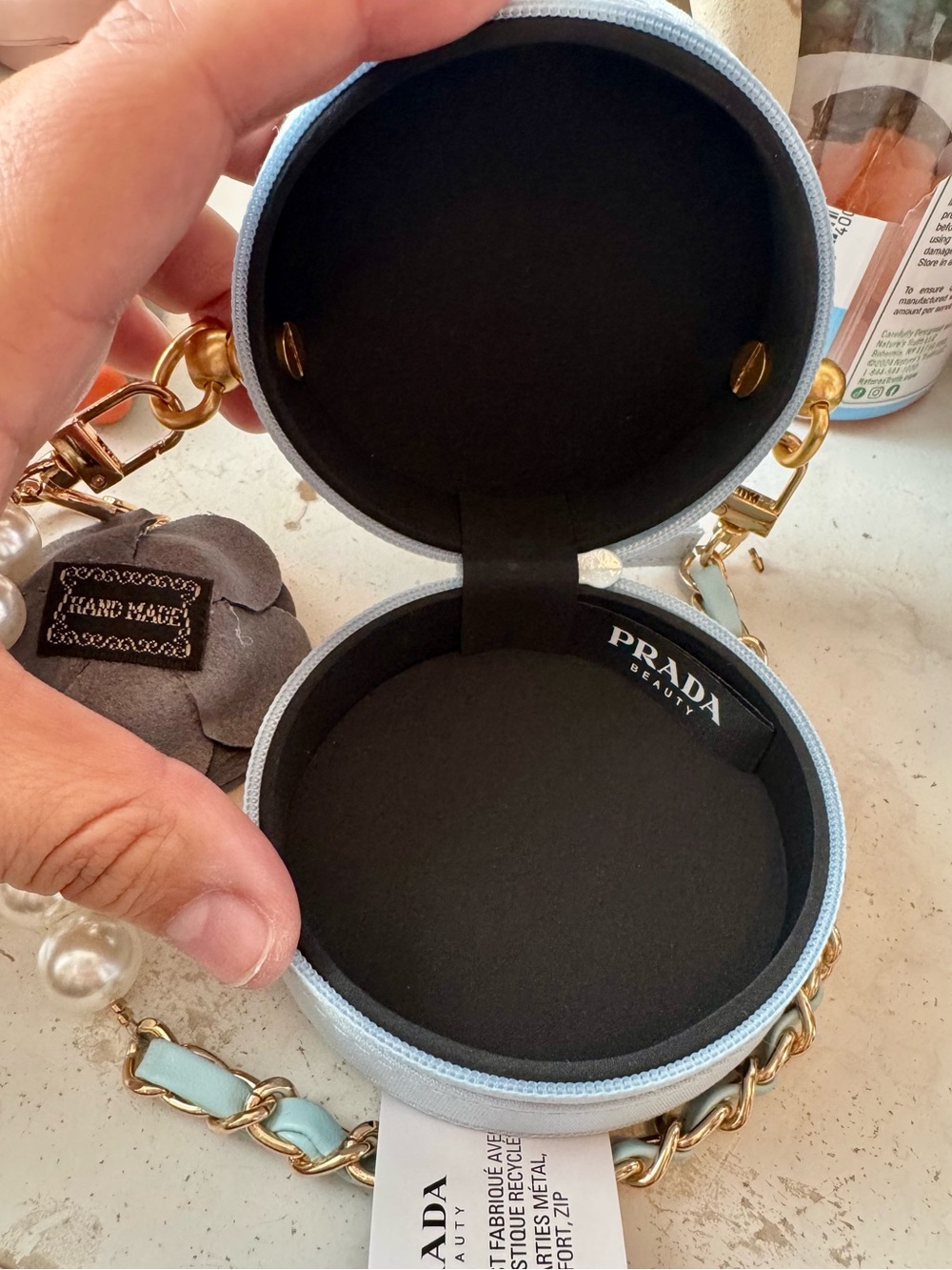 Prada Beauty Light Blue Round Pouch with gold chain Pearl Strap - Picture 7 of 8